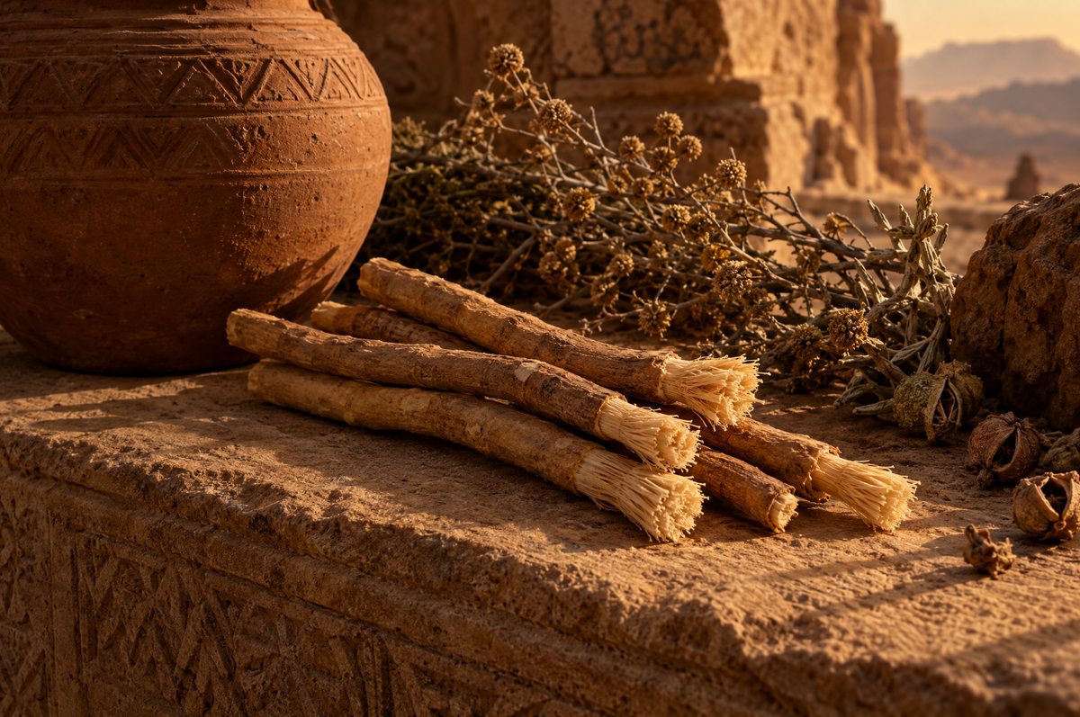 Natural miswak sticks on ancient stone