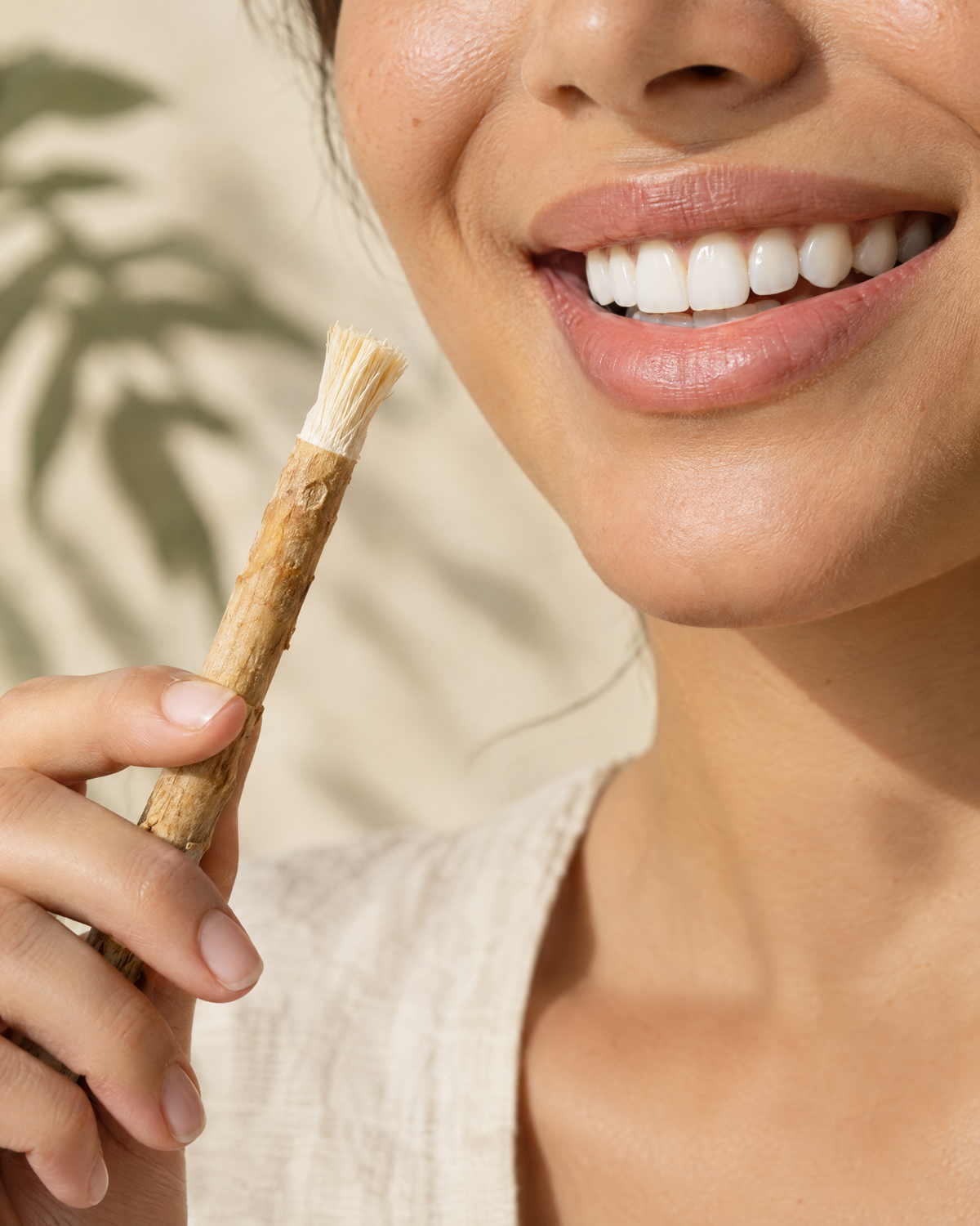 Close-up of a healthy smile holding a natural miswak stick
