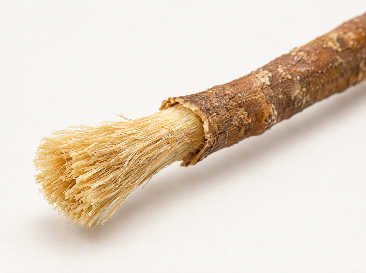Miswak tip with natural brush-like fibers