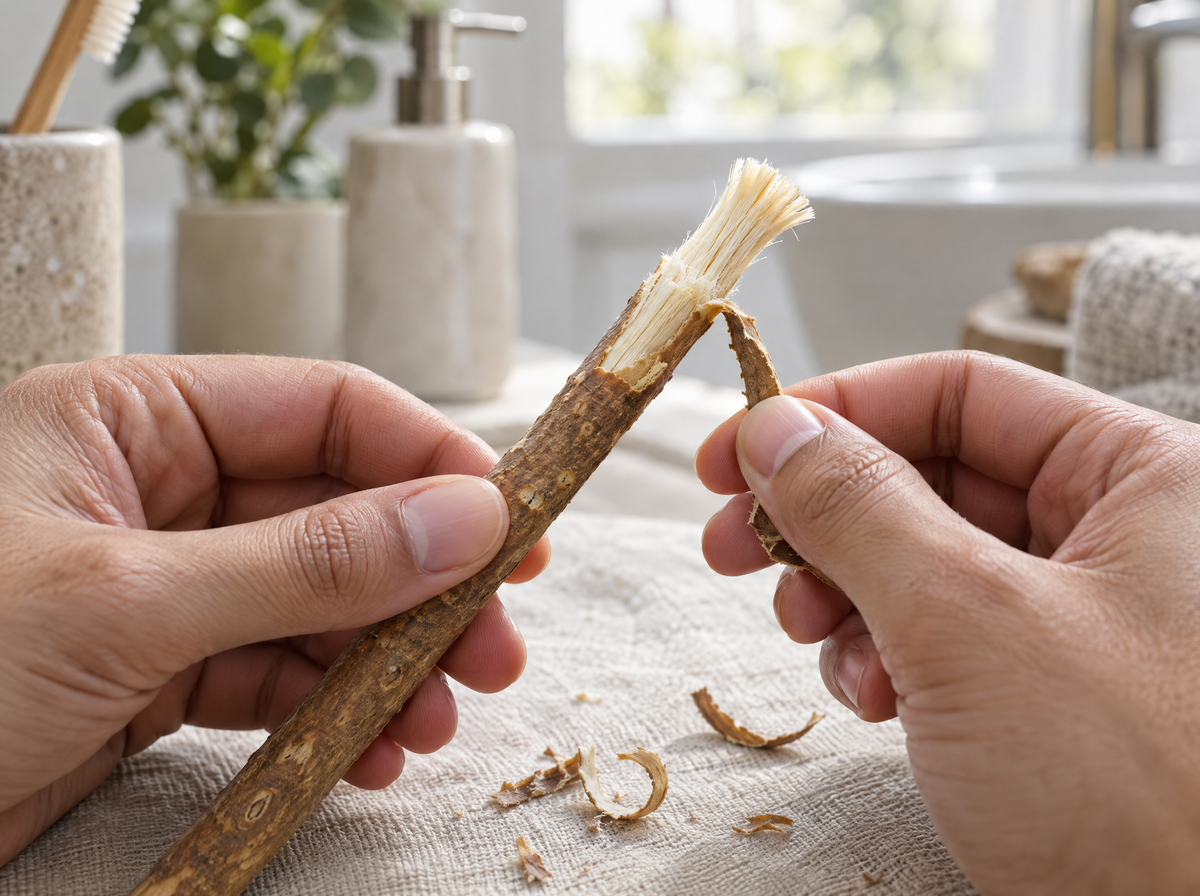 Hands peeling the bark off a miswak tip