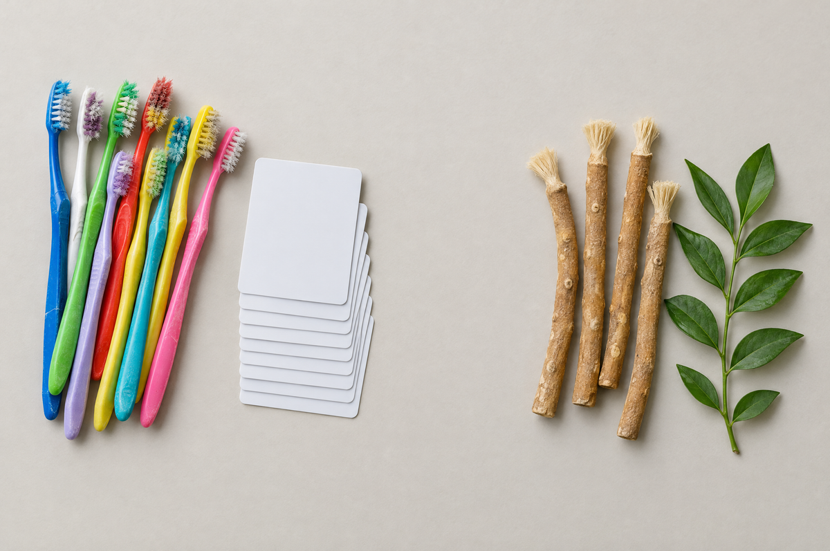 Used plastic toothbrushes and plastic cards next to natural miswak sticks