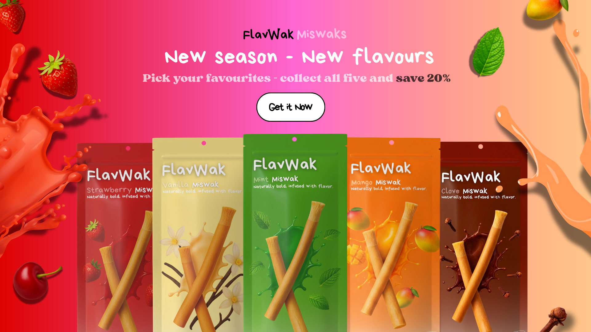 FlavWak Miswaks - New season, new flavours. Pick your favourites, collect all five and save 20 percent. Get it now.